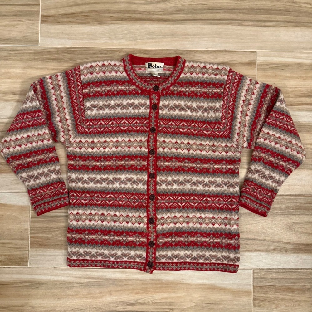 Vintage Kobe 100% Shetland Wool Fair Isle Cardigan Sweater Red Grey 1X
